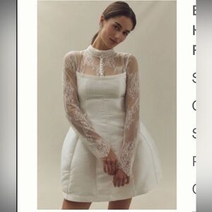 BHLDN LONG-SLEEVE HIGH-NECK LACE FIT & FLARE MINI DRESS size 8 NWT